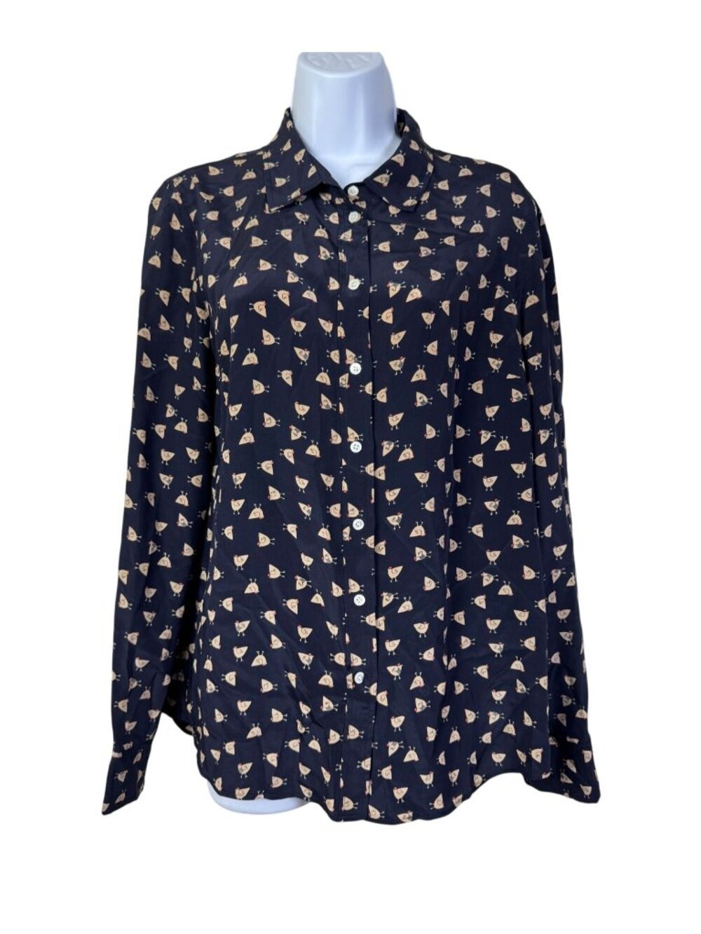 J.Crew Navy 100% Silk Button Up Shirt Bird Chicken Novelty Womens 10 Long Sleeve